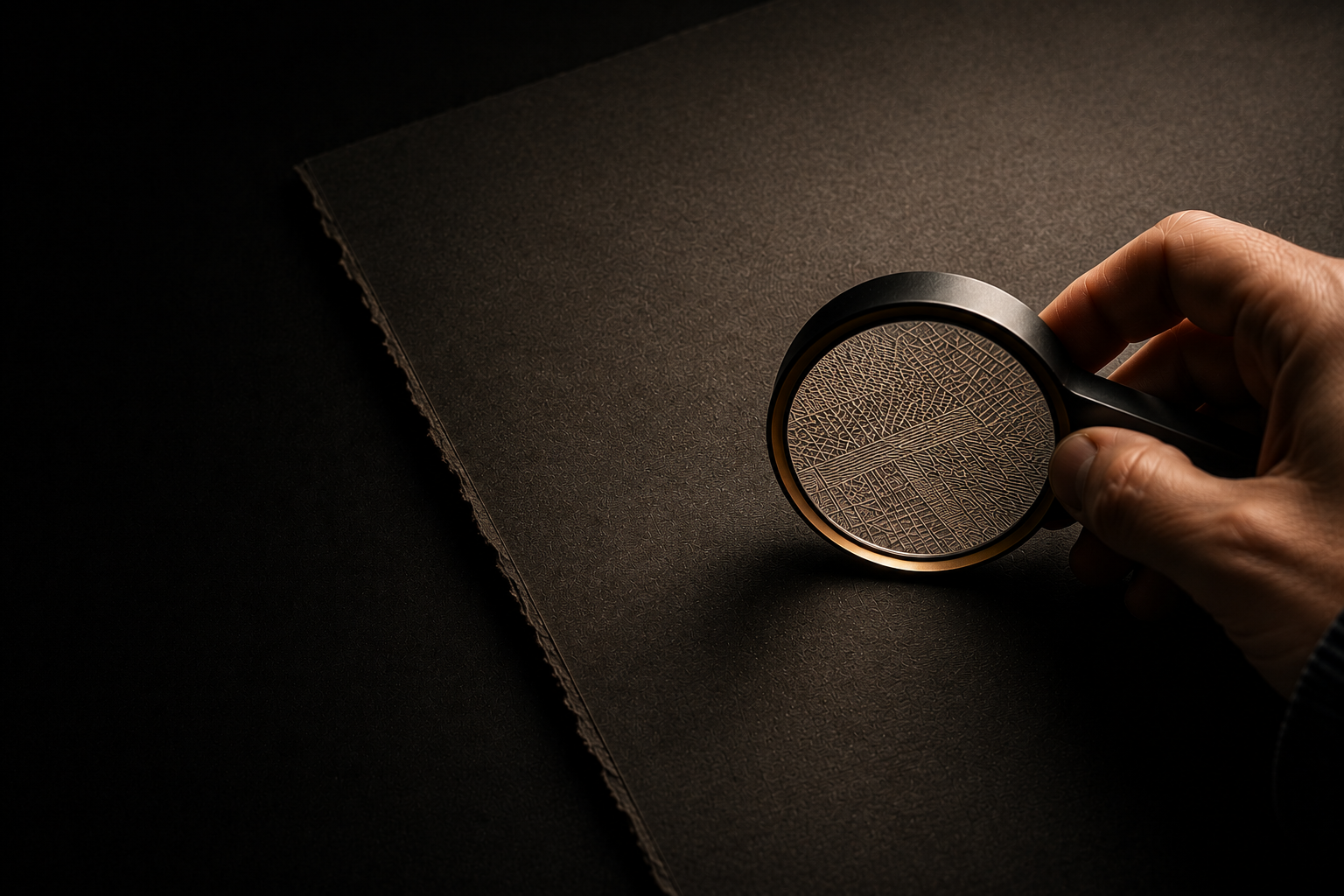 A hand holds a brass magnifying glass over a dark textured surface, magnifying a fine map-like pattern — examining detail that deserves to be seen.